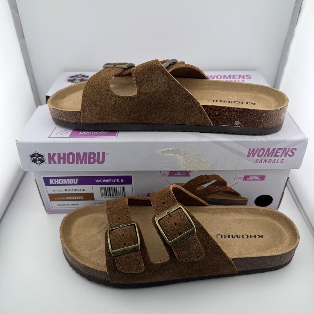 Khombu Ashville Sandals Womens 8 Brown Suede Two Strap Buckle Slide Flat Comfort